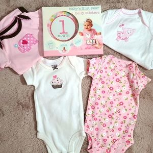4 Newborn onsies and baby belly stickers